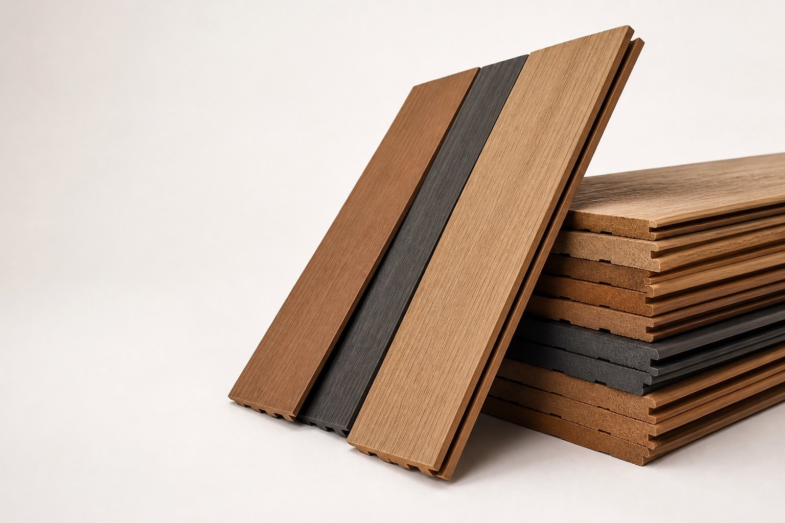 Exterior cladding boards stacked with timber and charcoal finishes
