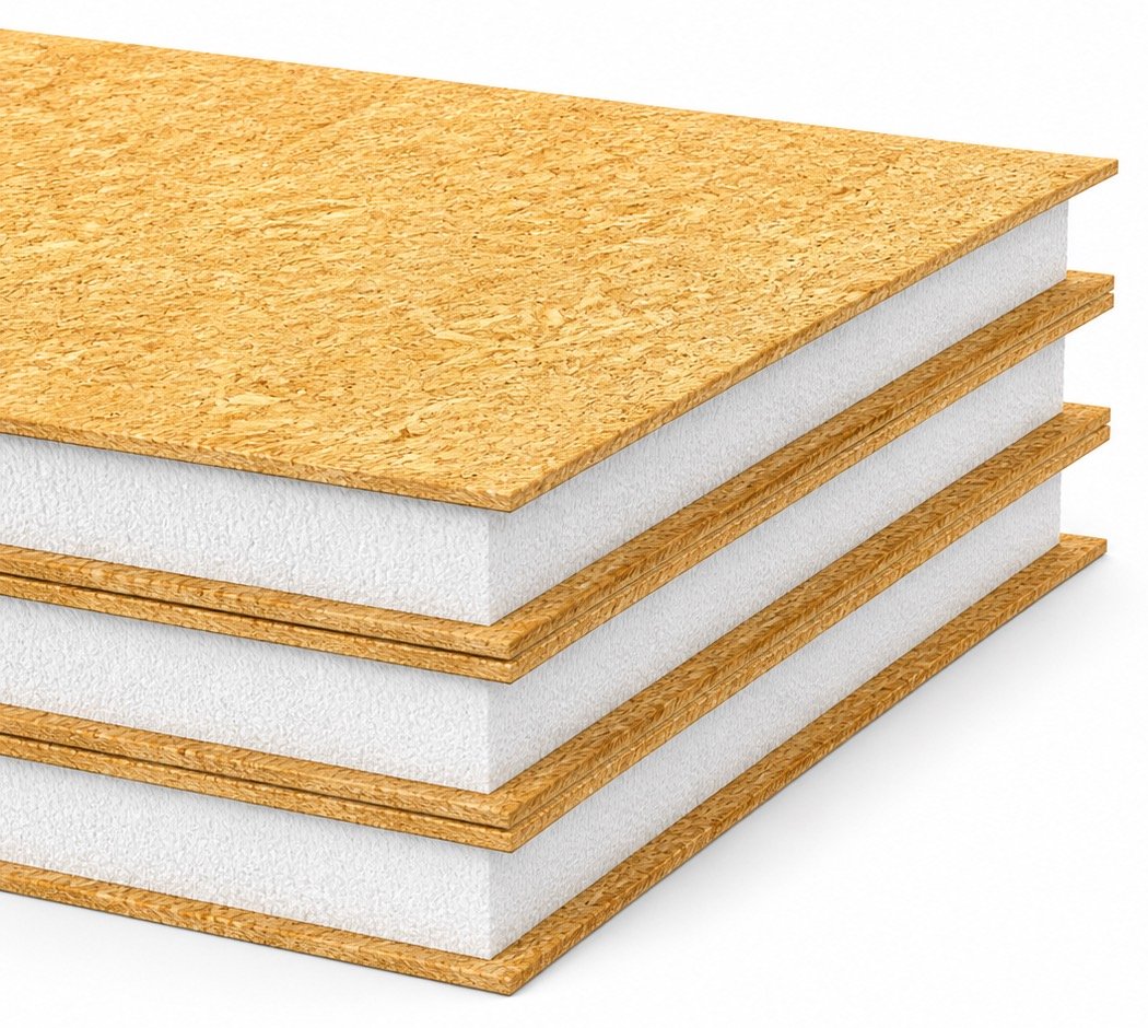 Stacked SIP panels showing OSB board faces and insulated foam cores